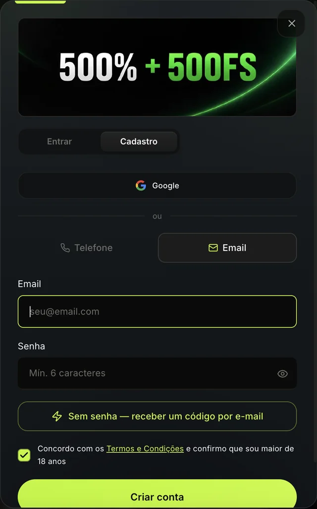 Janela de cadastro da Neymas com Google, abas Telefone e E-mail e opção de código sem senha